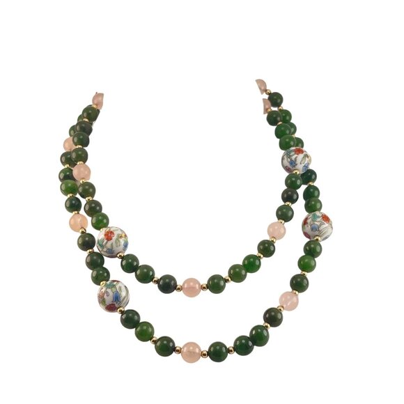 Jade Nephrite Rose Quartz Beaded Vintage GlassNecklace With Floral Porcelain Acc - Picture 2 of 9